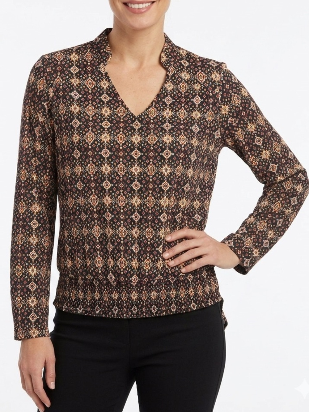 Anne Kelly Paris Geometric Ikat Mock Neck Hi Low Blouse Sz 38